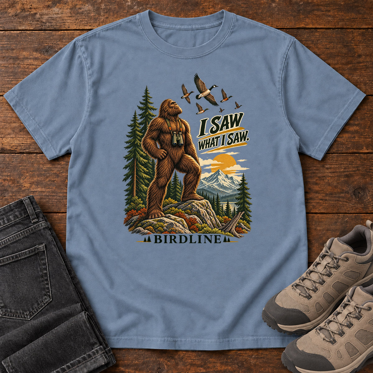 I Saw What I Saw Bigfoot T-Shirt in Blue Jean