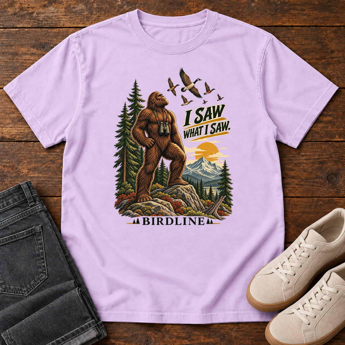 I Saw What I Saw Bigfoot T-Shirt in Orchid