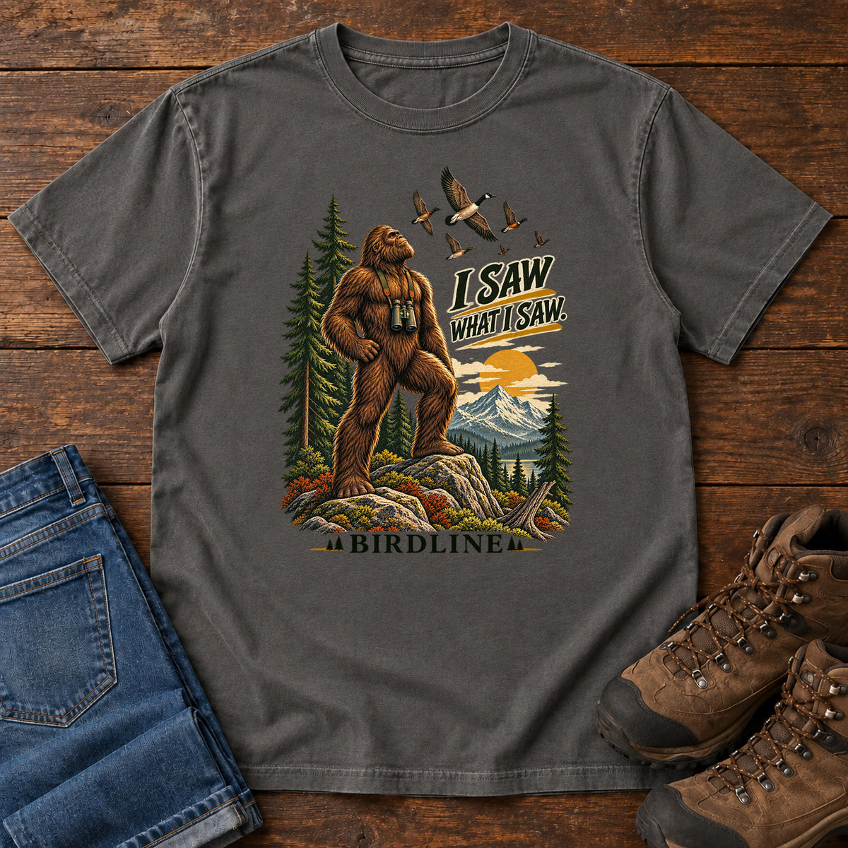 I Saw What I Saw Bigfoot T-Shirt in Pepper