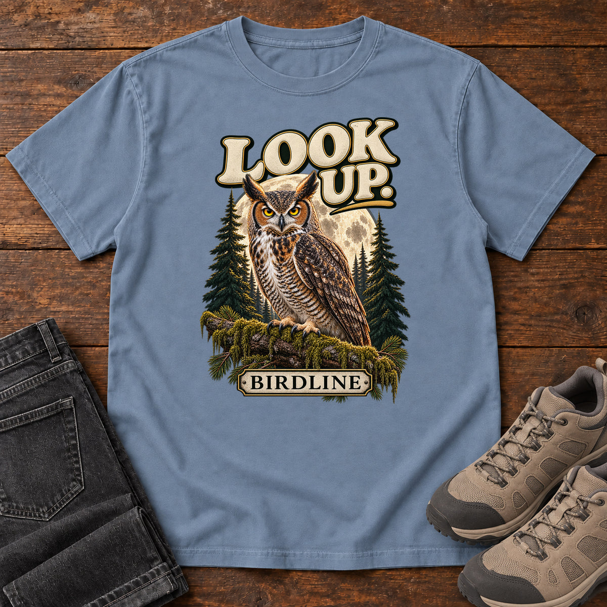 Look Up Owl T-Shirt in Blue Jean