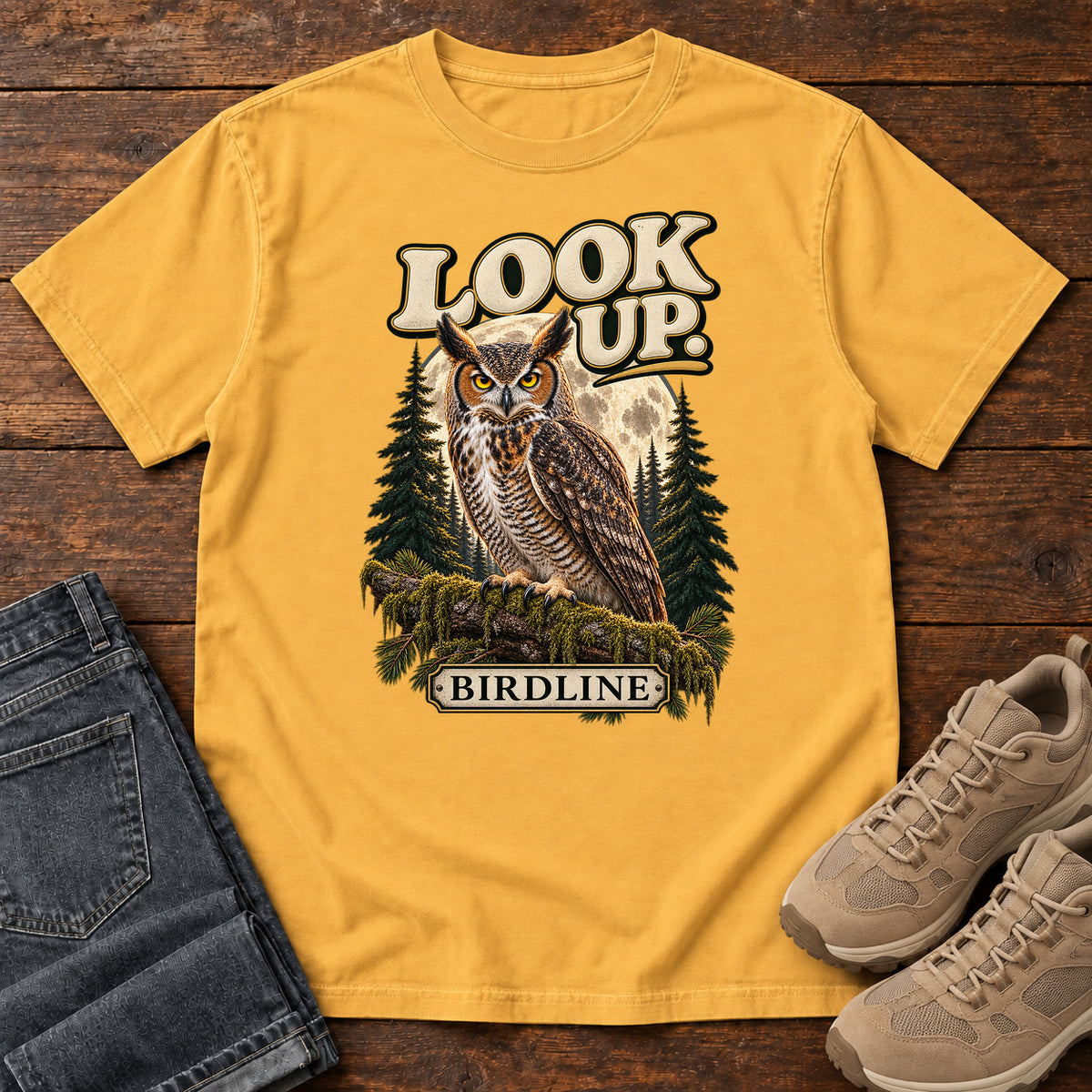 Look Up Owl T-Shirt in Mustard
