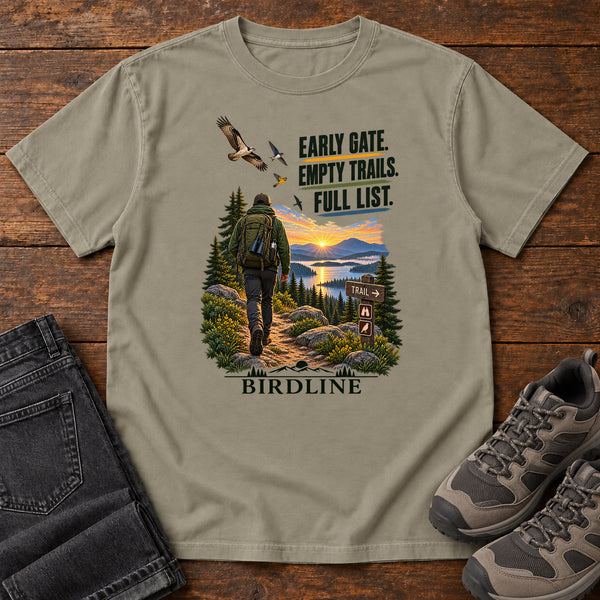 Early Gate Empty Trails Full List T-Shirt in Sandstone, front view