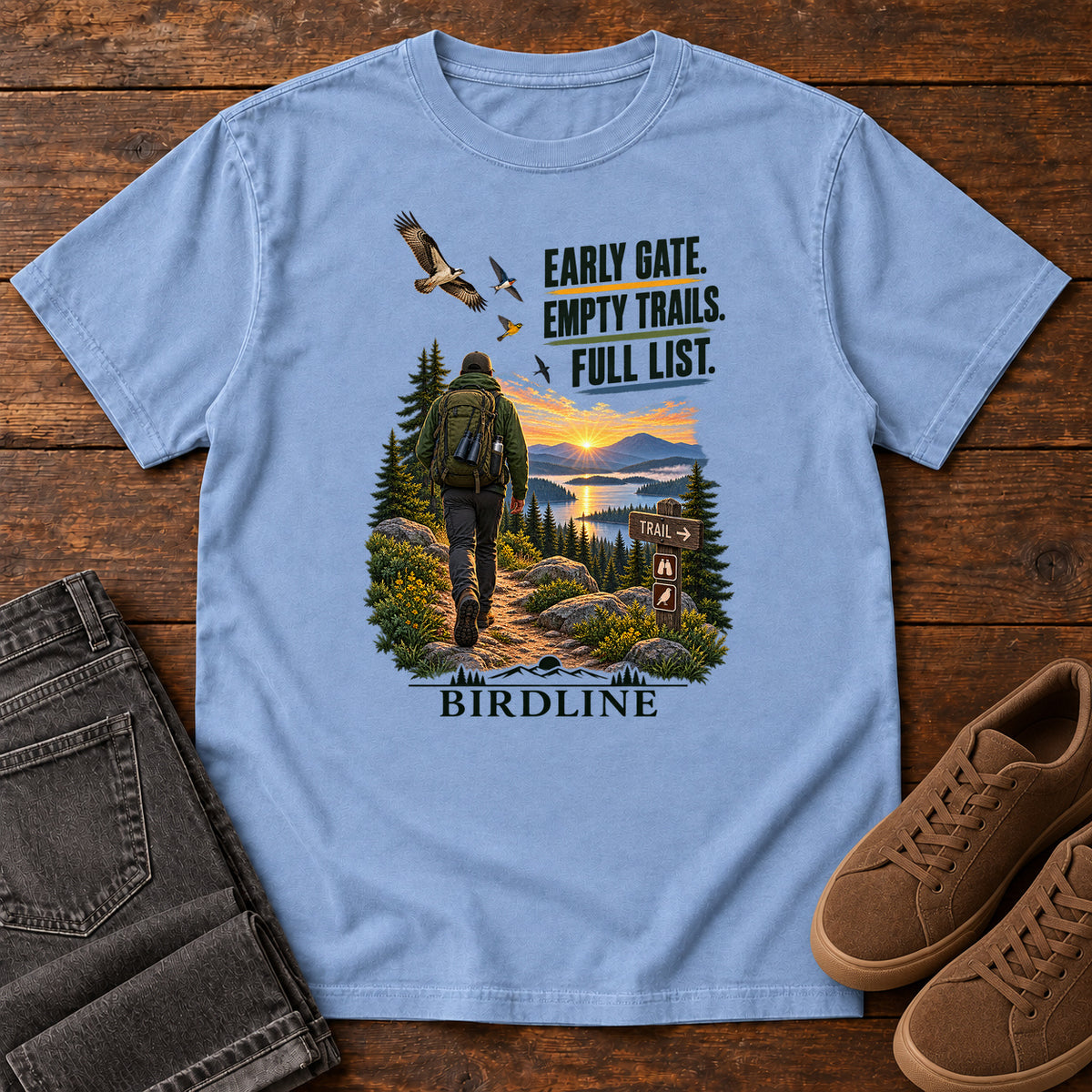 Early Gate Empty Trails Full List T-Shirt in Washed Denim