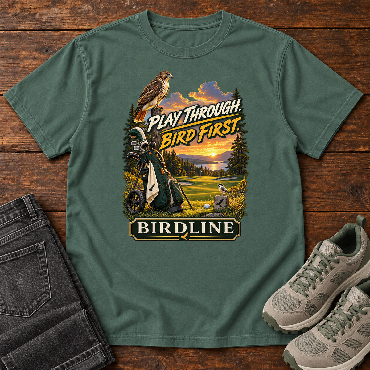 Play Through Bird First Golf T-Shirt in Blue Spruce