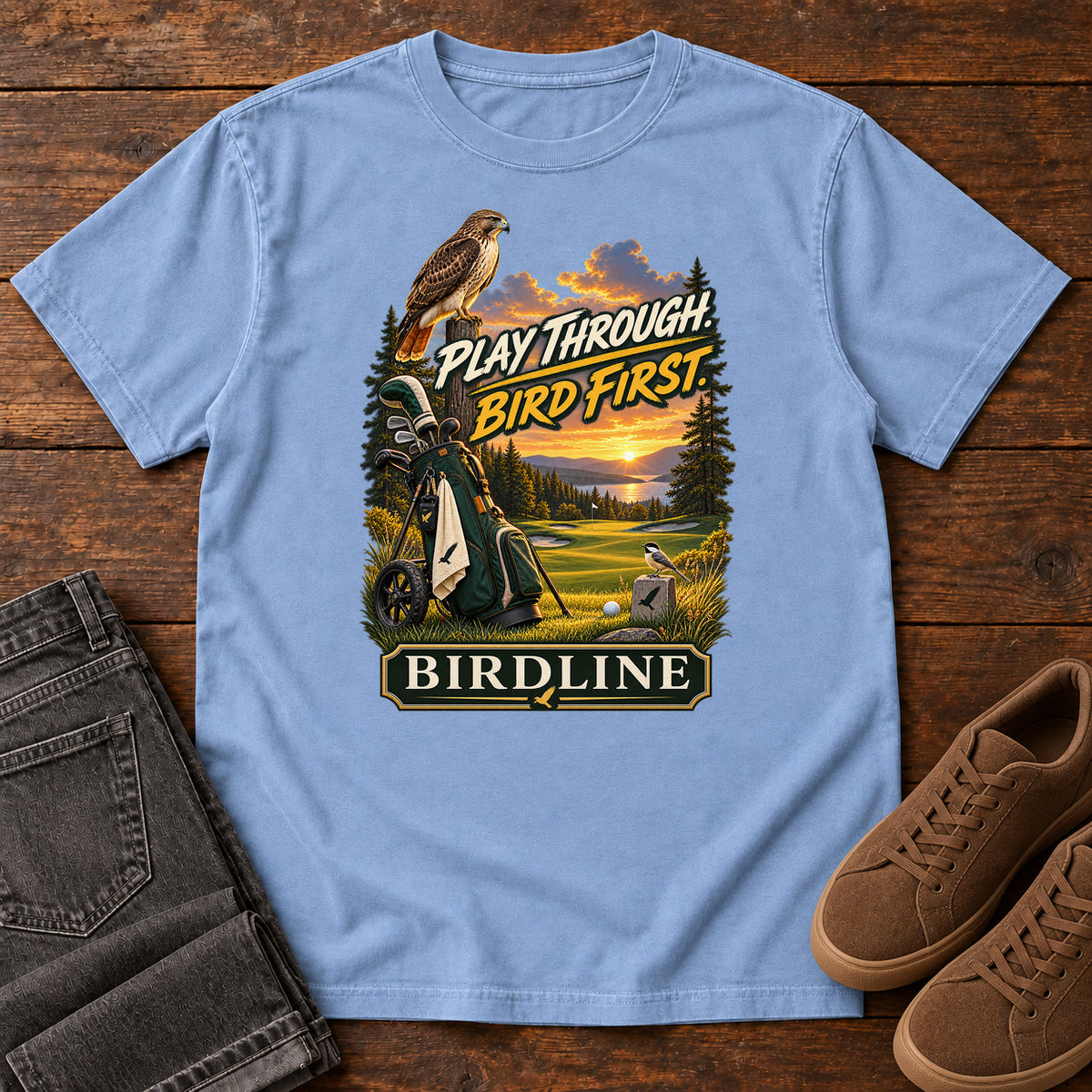 Play Through Bird First Golf T-Shirt in Washed Denim