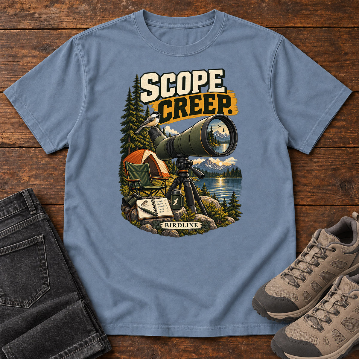 Scope Creep Spotting Scope T-Shirt in Blue Jean