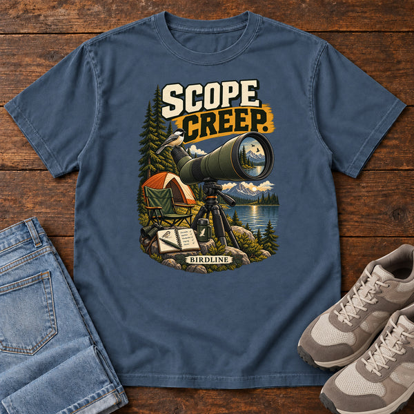 Scope Creep Spotting Scope T-Shirt in Midnight, front view