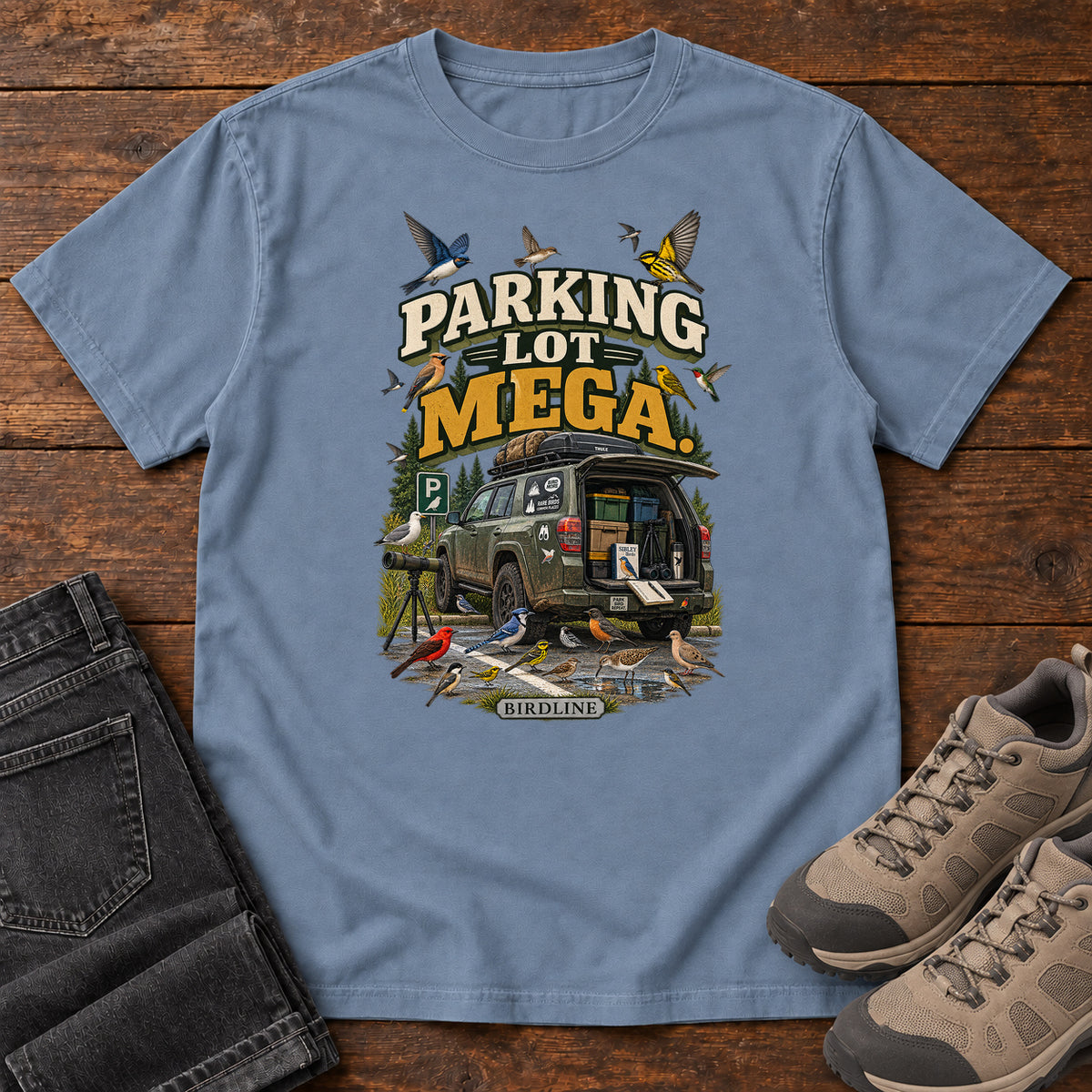 Parking Lot Mega Birding Vehicle T-Shirt in Blue Jean