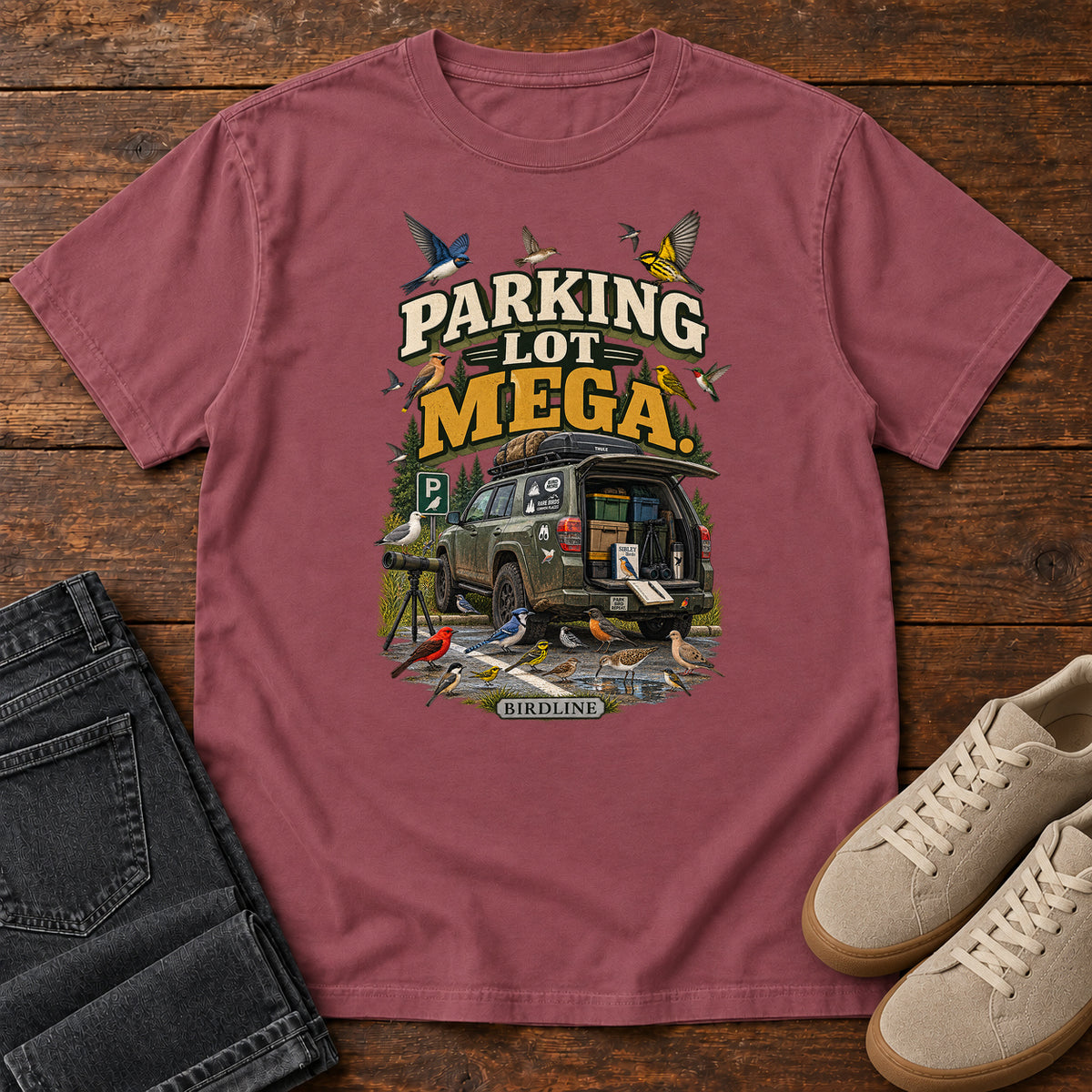 Parking Lot Mega Birding Vehicle T-Shirt in Brick