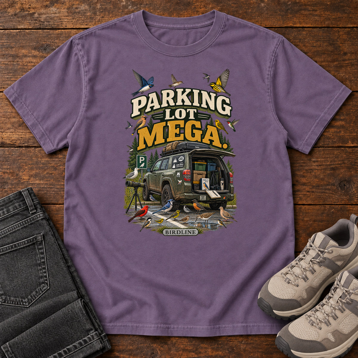 Parking Lot Mega Birding Vehicle T-Shirt in Grape