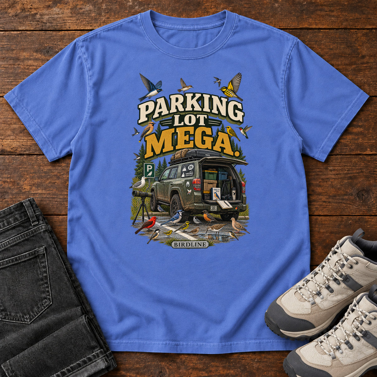 Parking Lot Mega Birding Vehicle T-Shirt in Mystic Blue
