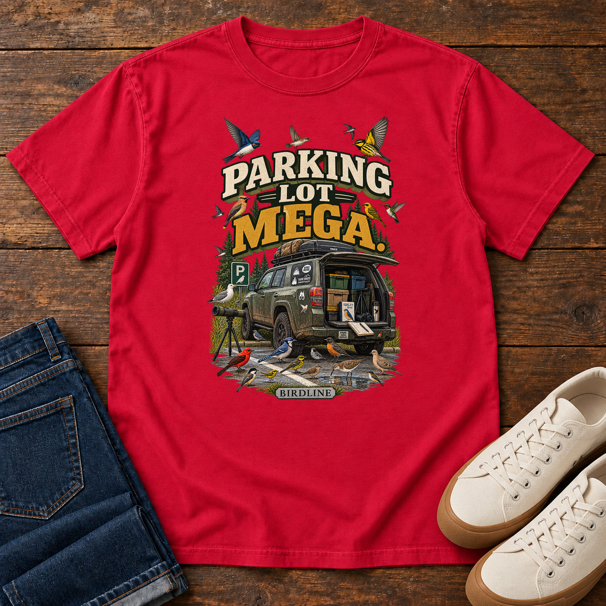 Parking Lot Mega Birding Vehicle T-Shirt in Red