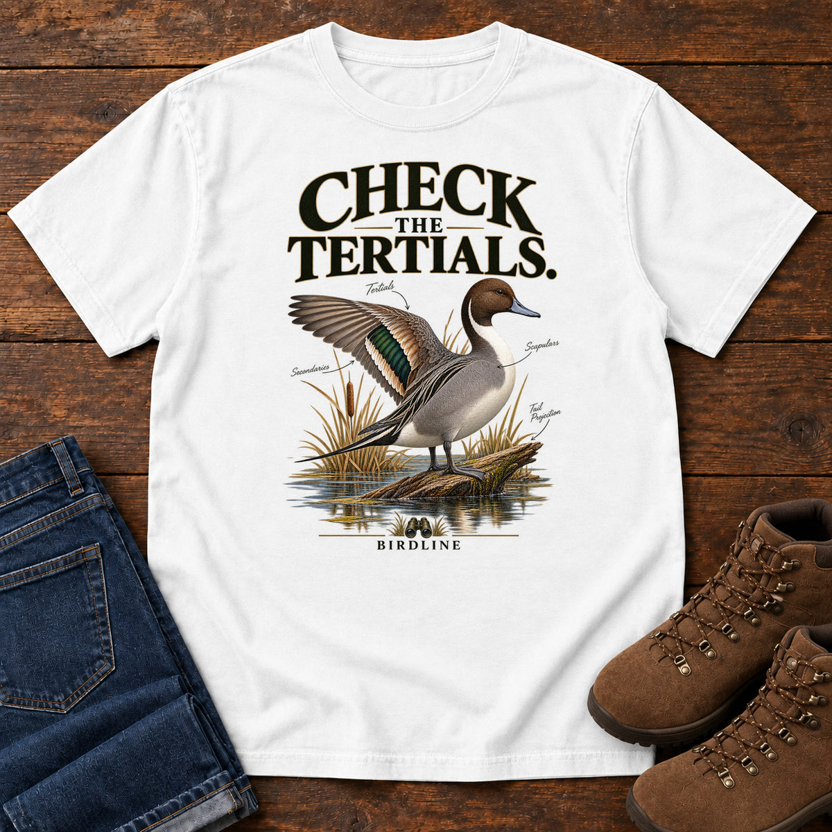 White Check the Tertials Duck T-Shirt with a duck raising one wing beside reeds and water; front flat lay on wood.
