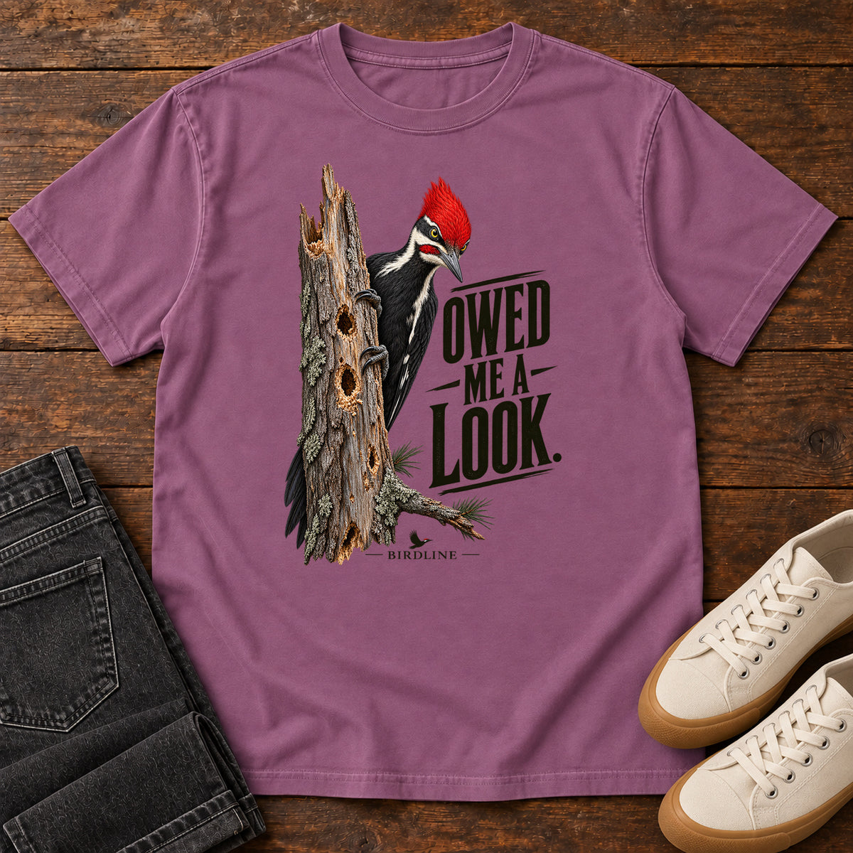 Owed Me a Look Pileated Woodpecker T-Shirt in Berry