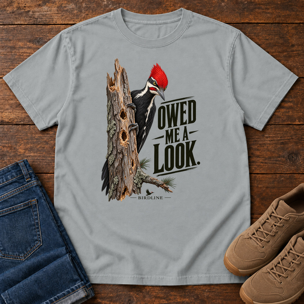 Owed Me a Look Pileated Woodpecker T-Shirt in Granite