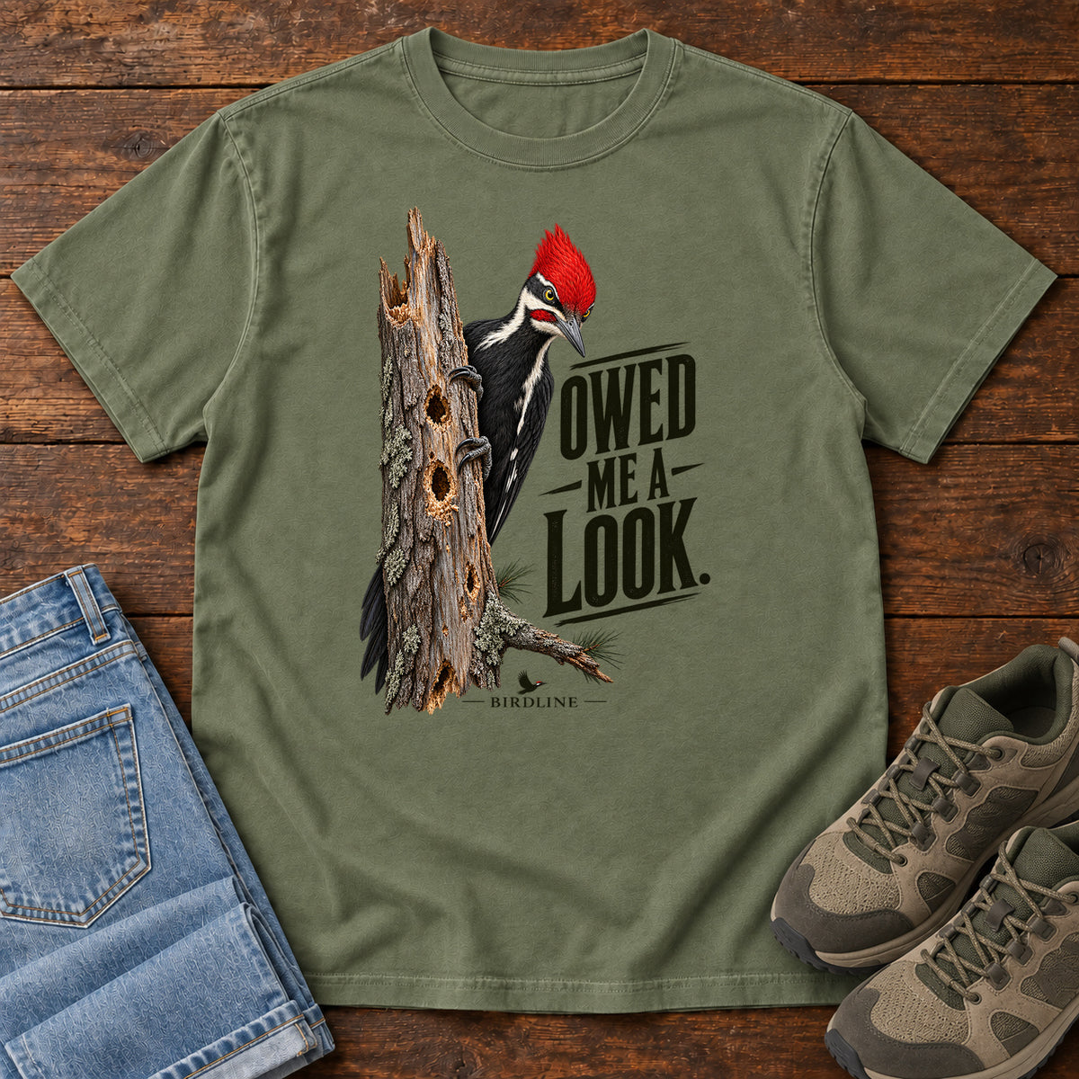 Owed Me a Look Pileated Woodpecker T-Shirt in Moss