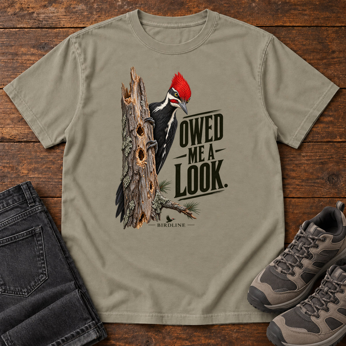 Owed Me a Look Pileated Woodpecker T-Shirt in Sandstone