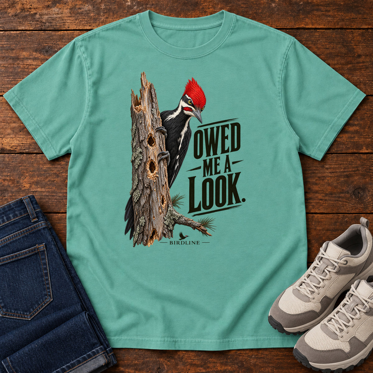 Owed Me a Look Pileated Woodpecker T-Shirt in Seafoam