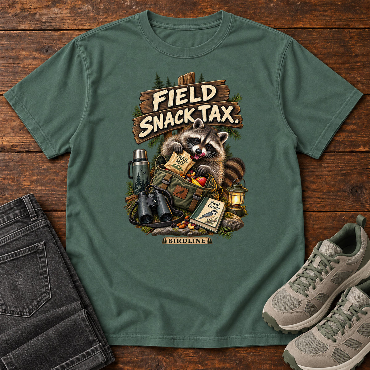 Field Snack Tax Raccoon T-Shirt in Blue Spruce