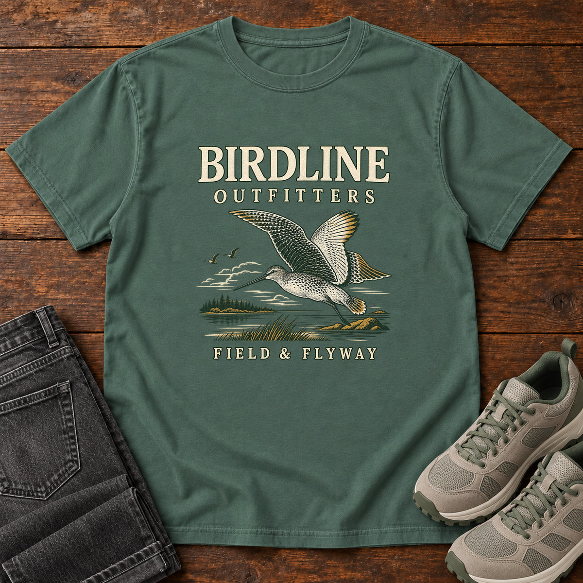 Field & Flyway T-Shirt in Blue Spruce, front laid flat on wood, featuring a cream-and-gray bird flying over a marsh between BIRDLINE OUTFITTERS and FIELD & FLYWAY lettering.
