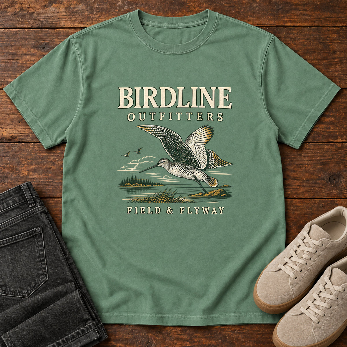 Field & Flyway T-Shirt in Light Green, front laid flat on wood, featuring a cream-and-gray bird flying over a marsh between BIRDLINE OUTFITTERS and FIELD & FLYWAY lettering.