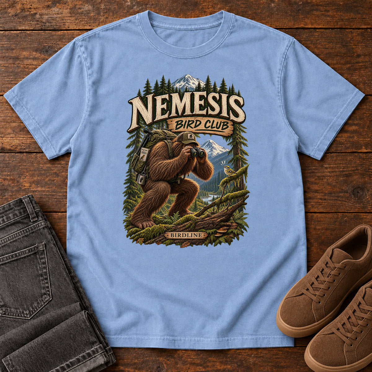 Nemesis Bird Club Bigfoot T-Shirt in Washed Denim