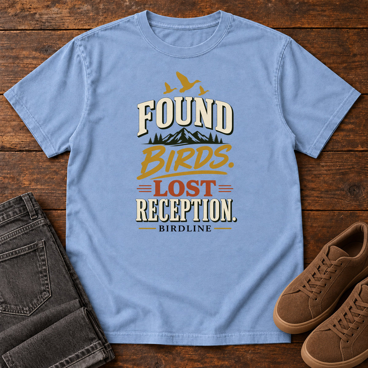 Found Birds Lost Reception T-Shirt in Washed Denim