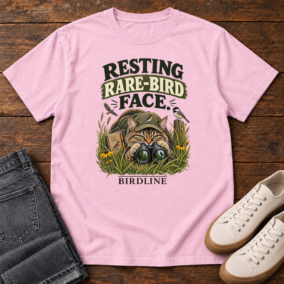 Resting Rare Bird Face Cat T-Shirt in Blossom