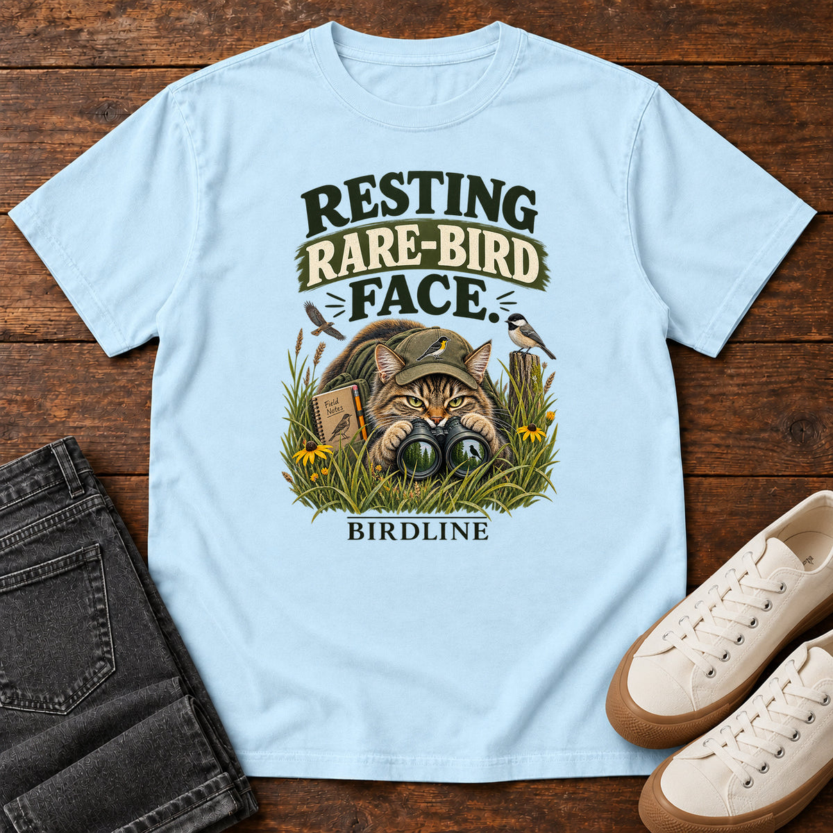 Resting Rare Bird Face Cat T-Shirt in Chambray