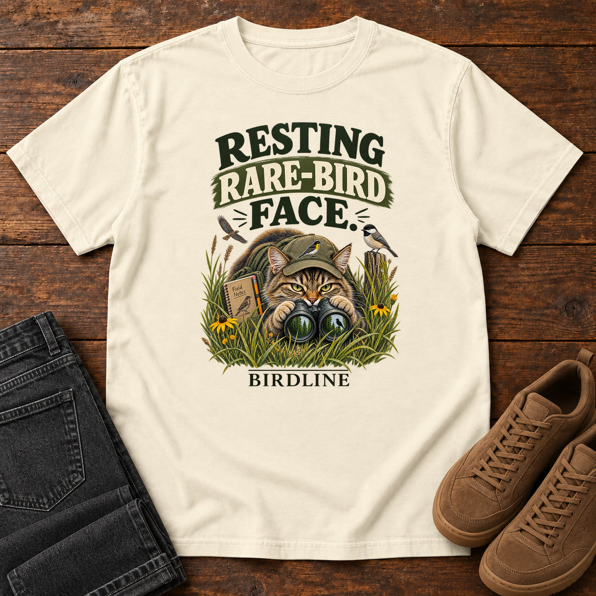 Resting Rare Bird Face Cat T-Shirt in Ivory
