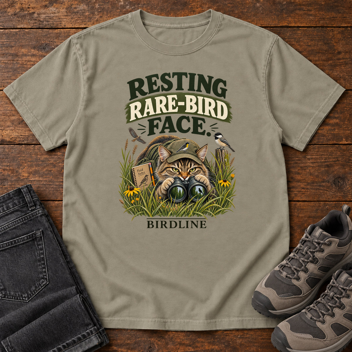 Resting Rare Bird Face Cat T-Shirt in Sandstone