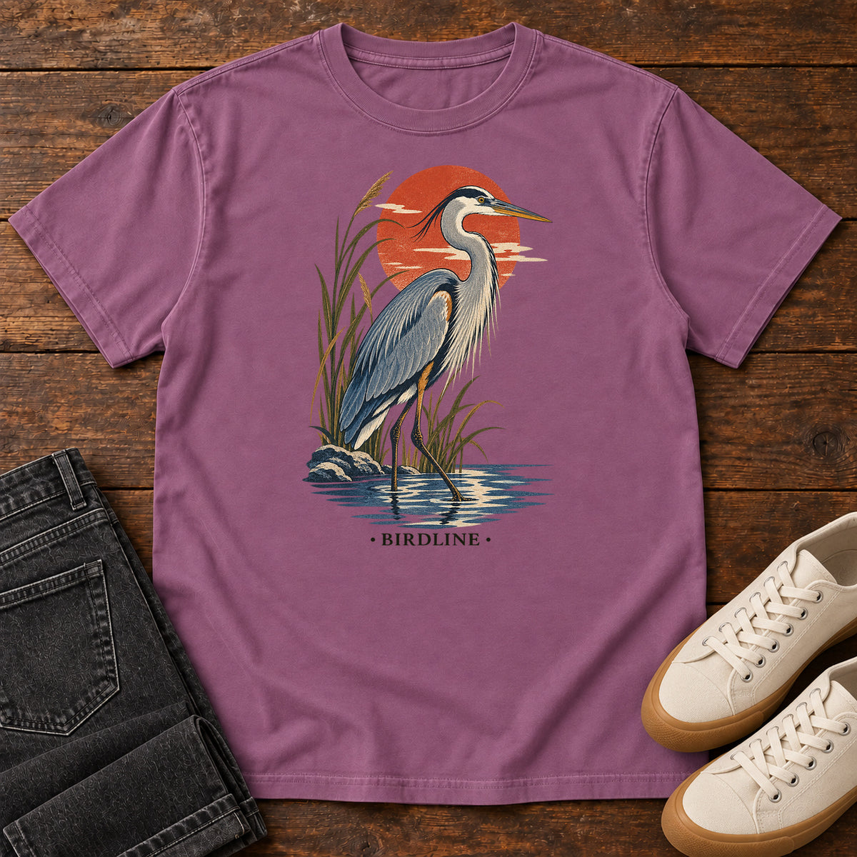 Great Blue Heron Sunset T-Shirt in Berry