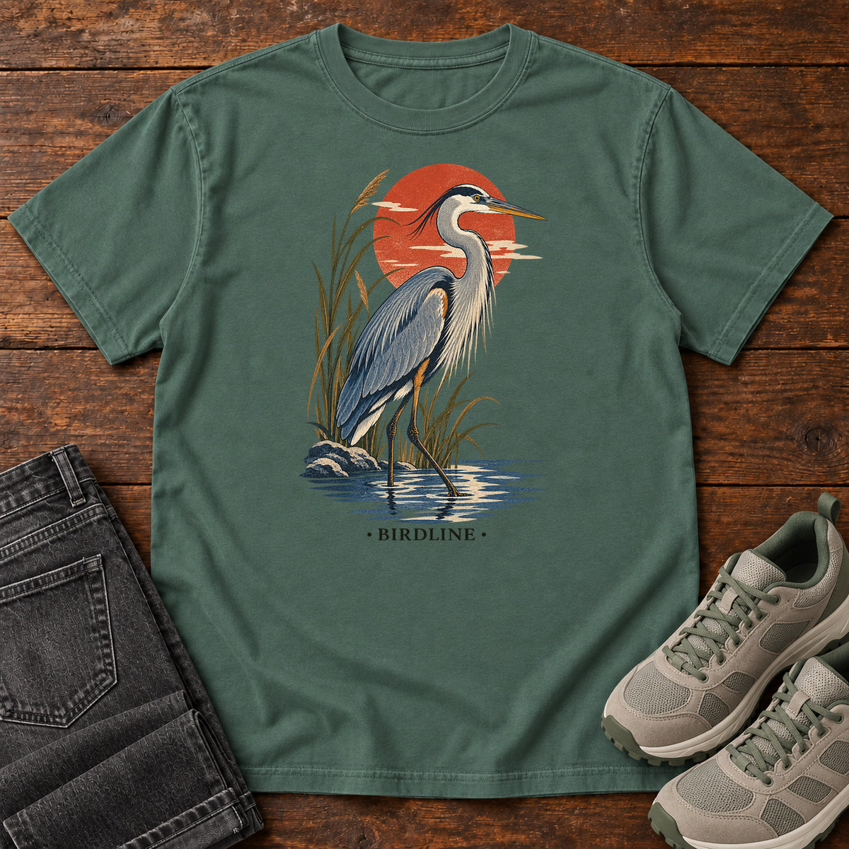 Great Blue Heron Sunset T-Shirt in Blue Spruce
