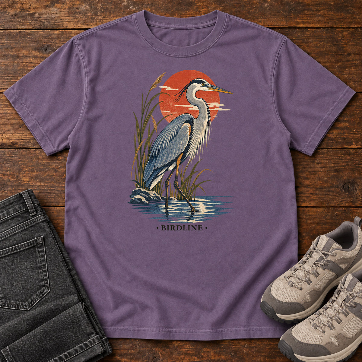 Great Blue Heron Sunset T-Shirt in Grape