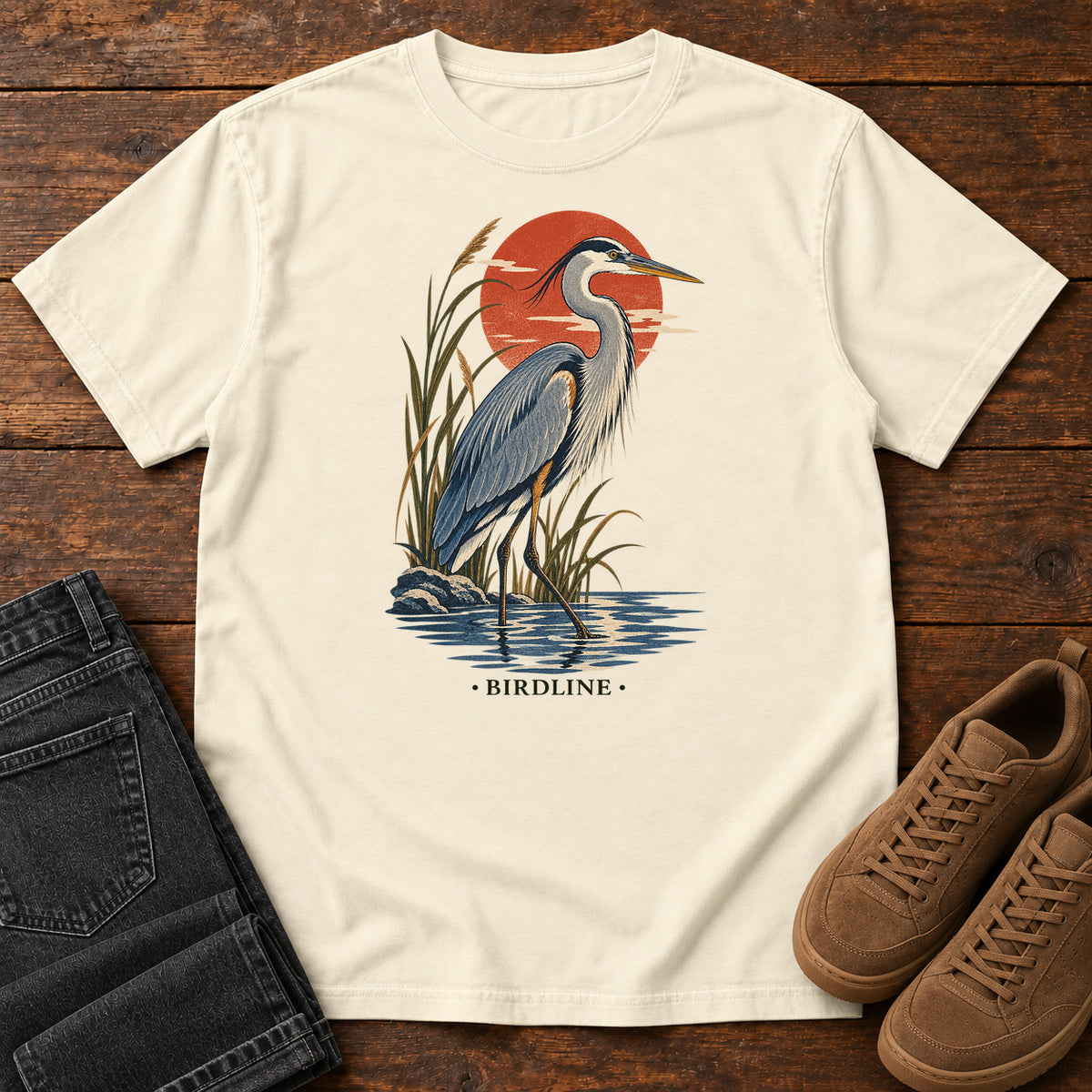 Great Blue Heron Sunset T-Shirt in Ivory
