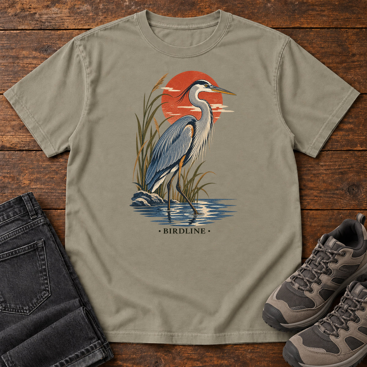 Great Blue Heron Sunset T-Shirt in Sandstone