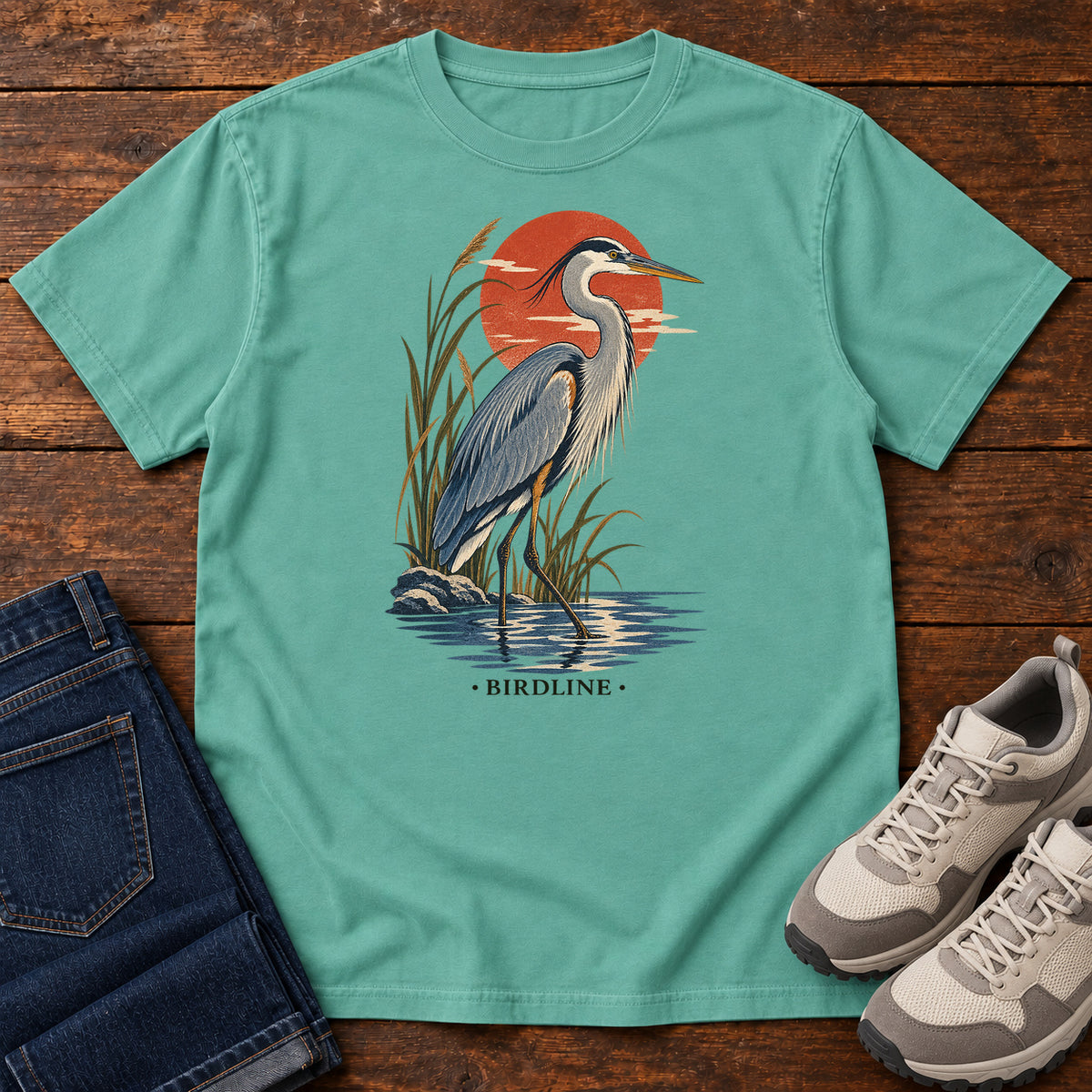 Great Blue Heron Sunset T-Shirt in Seafoam