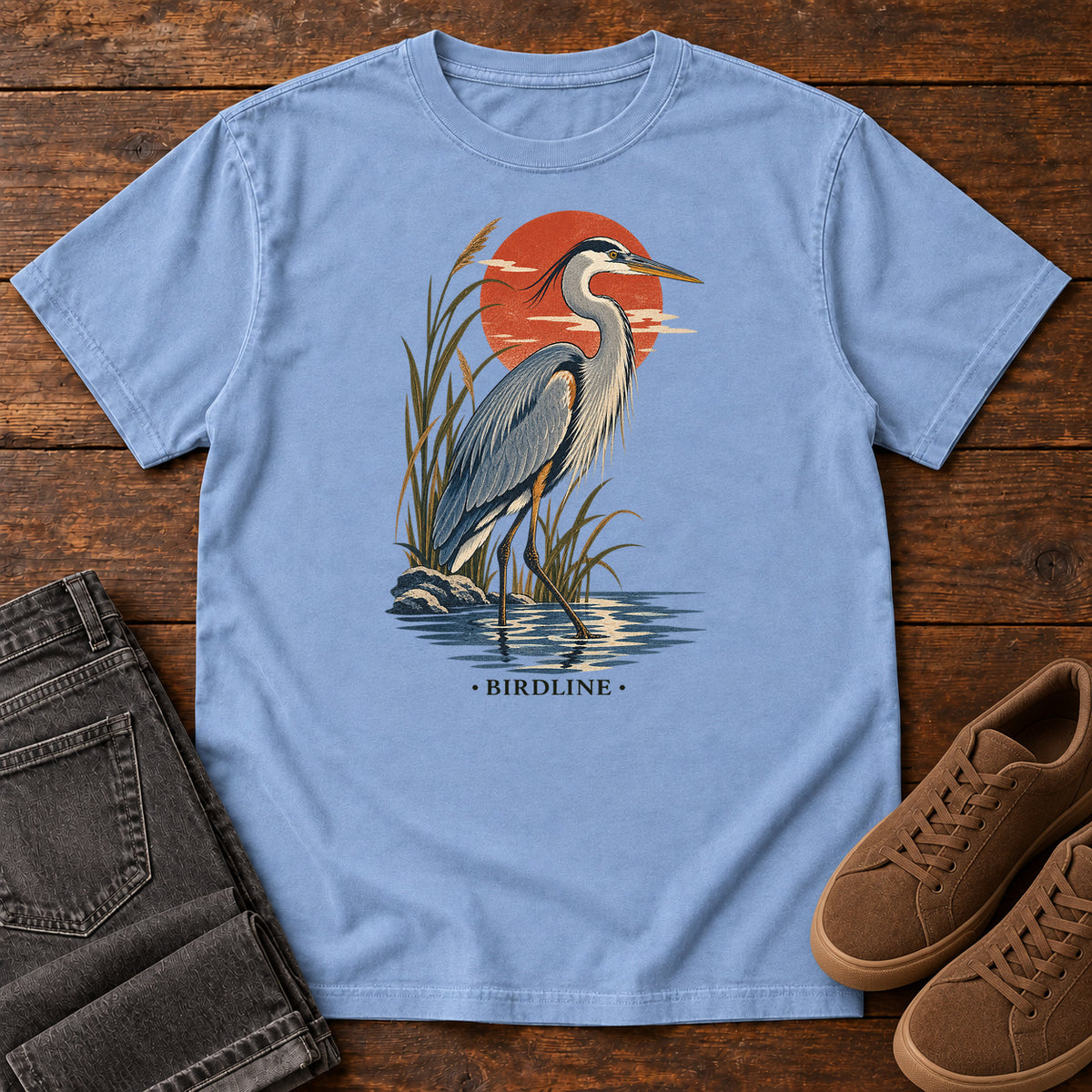 Great Blue Heron Sunset T-Shirt in Washed Denim