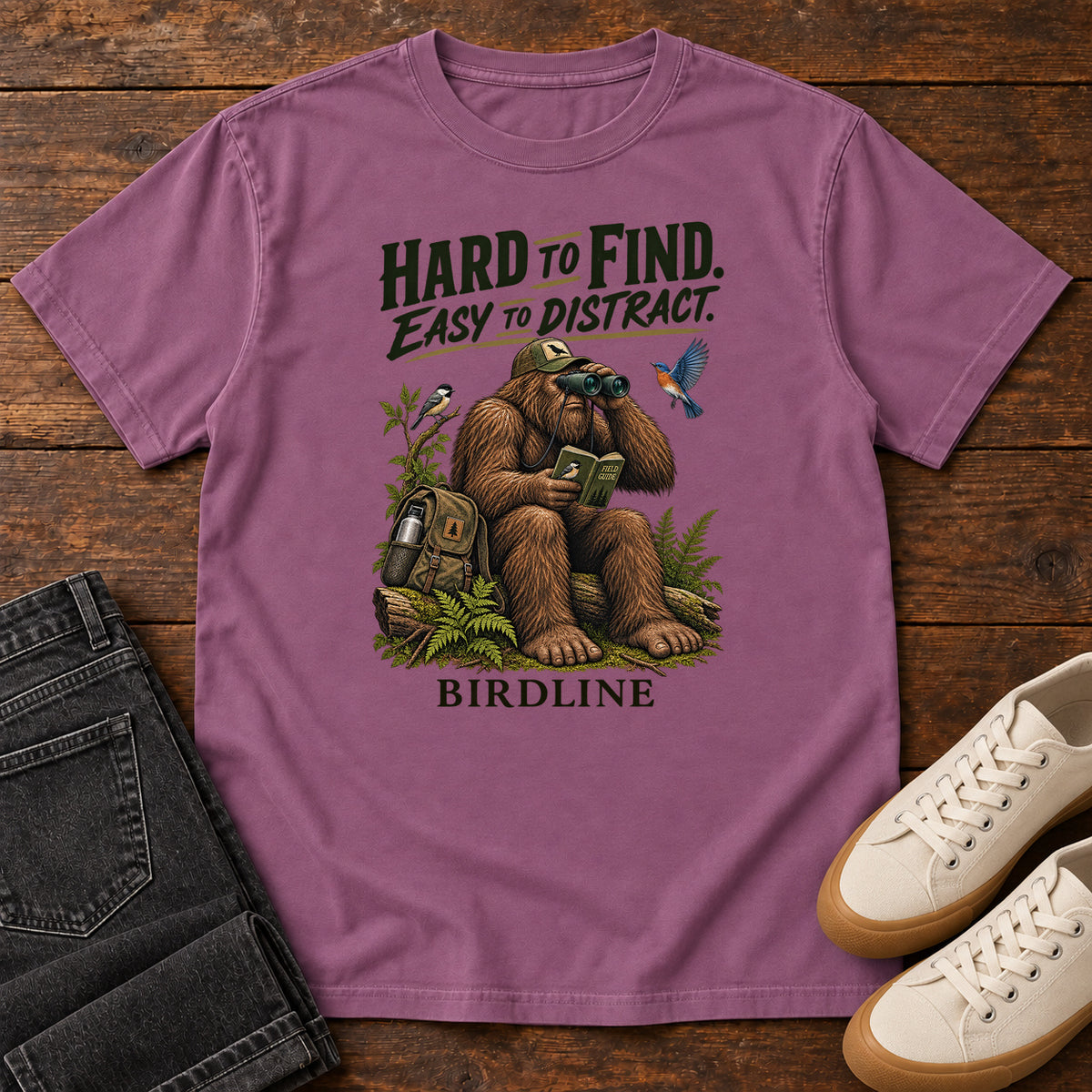 Hard to Find Easy to Distract Bigfoot T-Shirt in Berry
