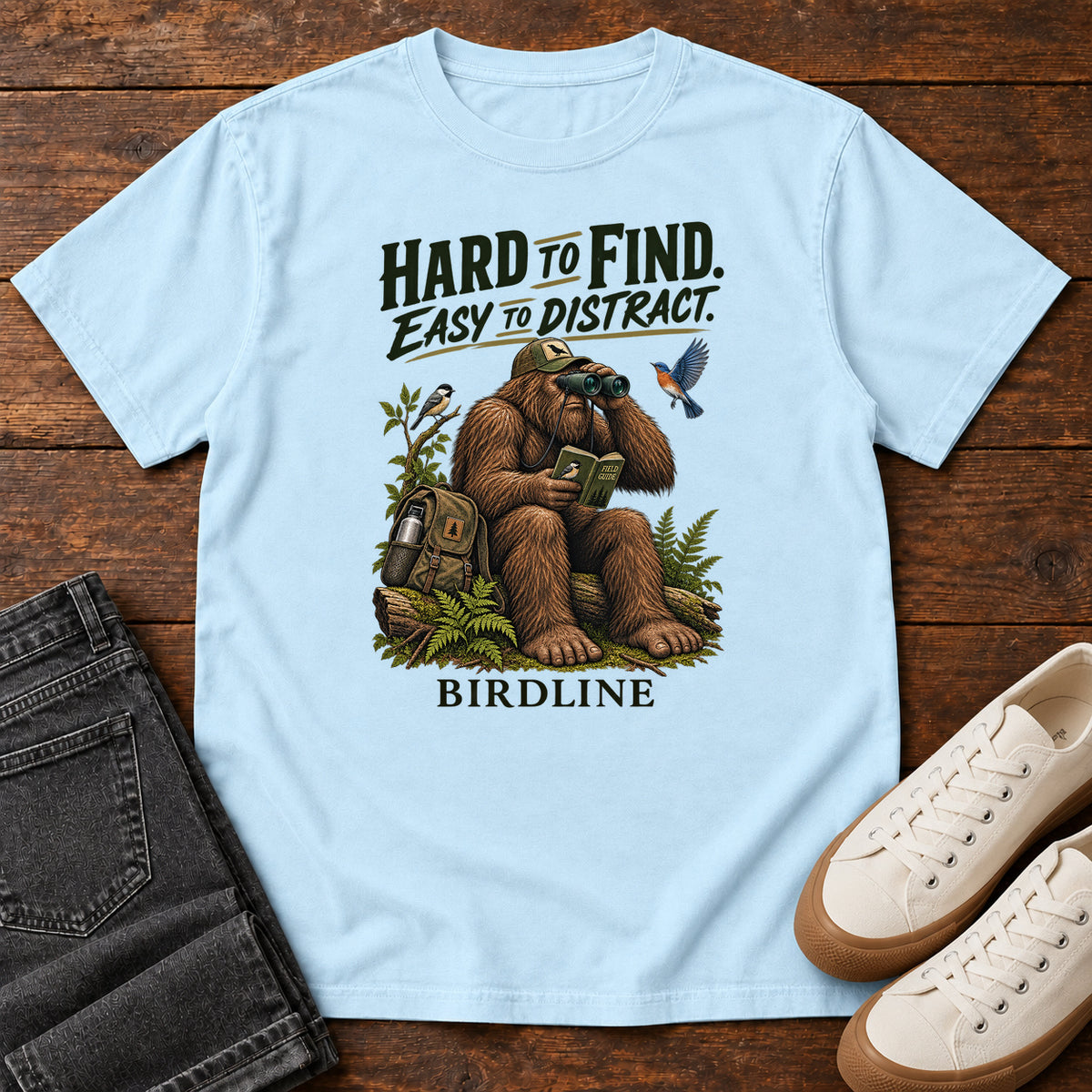 Hard to Find Easy to Distract Bigfoot T-Shirt in Chambray