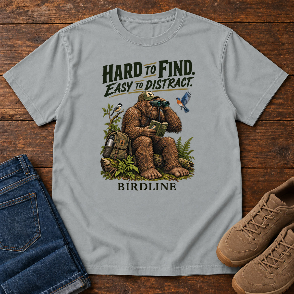 Hard to Find Easy to Distract Bigfoot T-Shirt in Granite