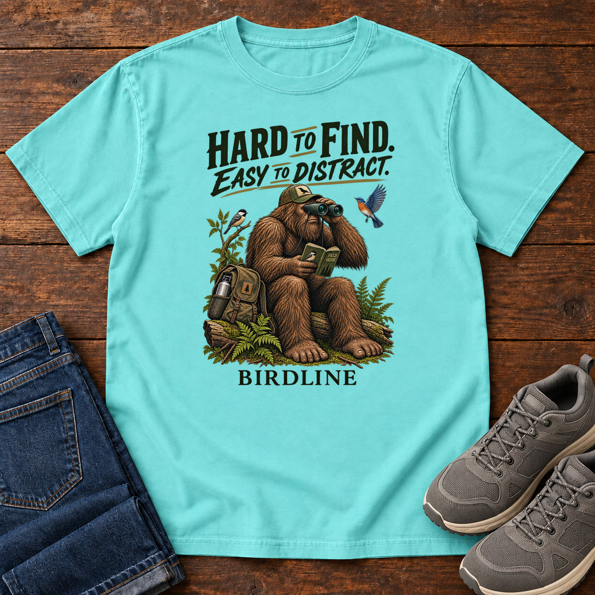 Hard to Find Easy to Distract Bigfoot T-Shirt in Lagoon Blue