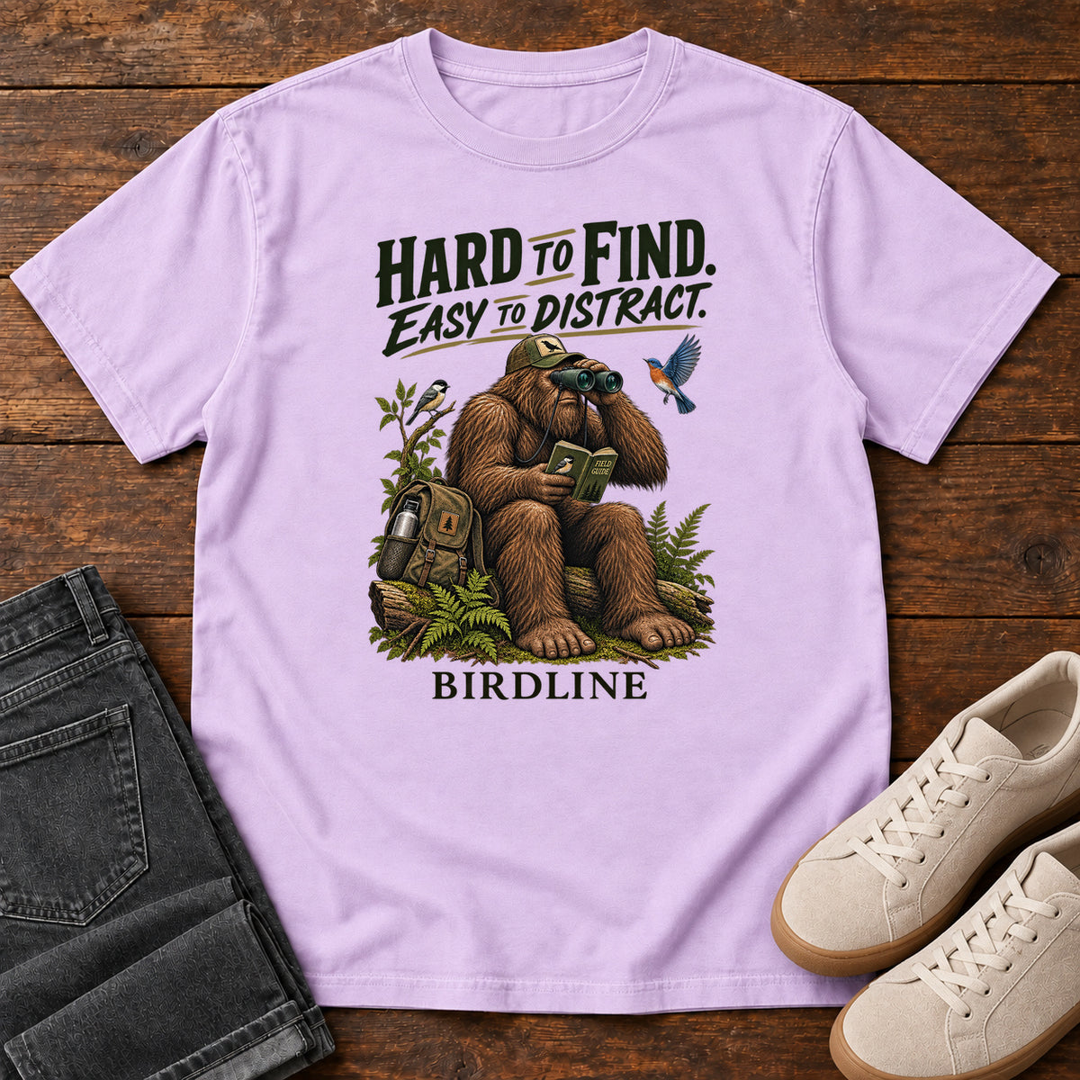Hard to Find Easy to Distract Bigfoot T-Shirt in Orchid