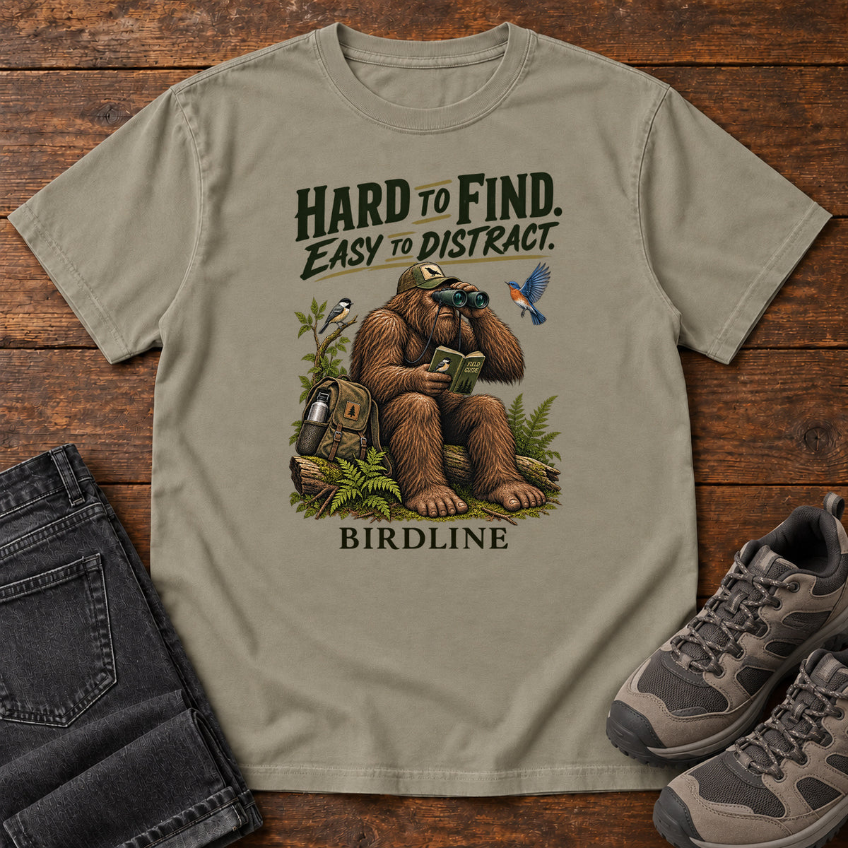 Hard to Find Easy to Distract Bigfoot T-Shirt in Sandstone