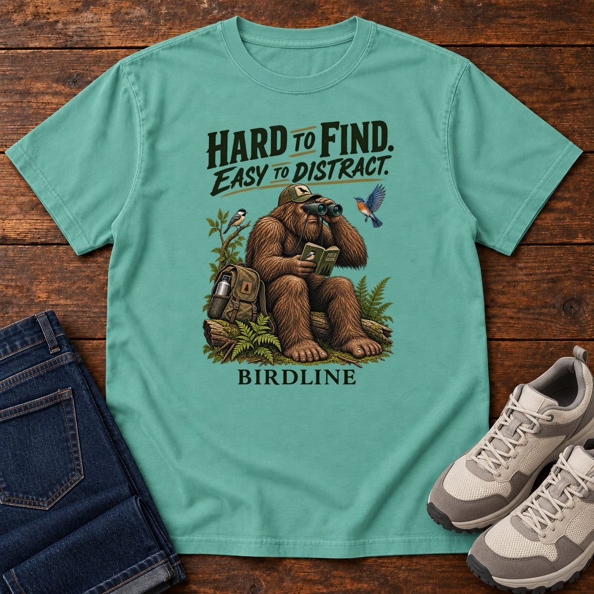 Hard to Find Easy to Distract Bigfoot T-Shirt in Seafoam