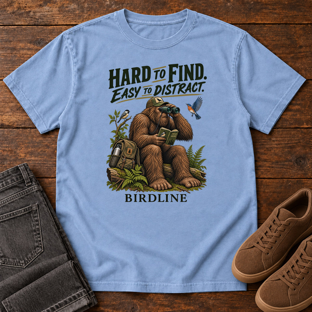 Hard to Find Easy to Distract Bigfoot T-Shirt in Washed Denim