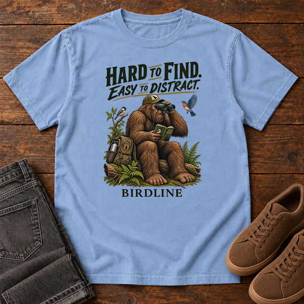 Hard to Find Easy to Distract Bigfoot T-Shirt in Washed Denim, front view