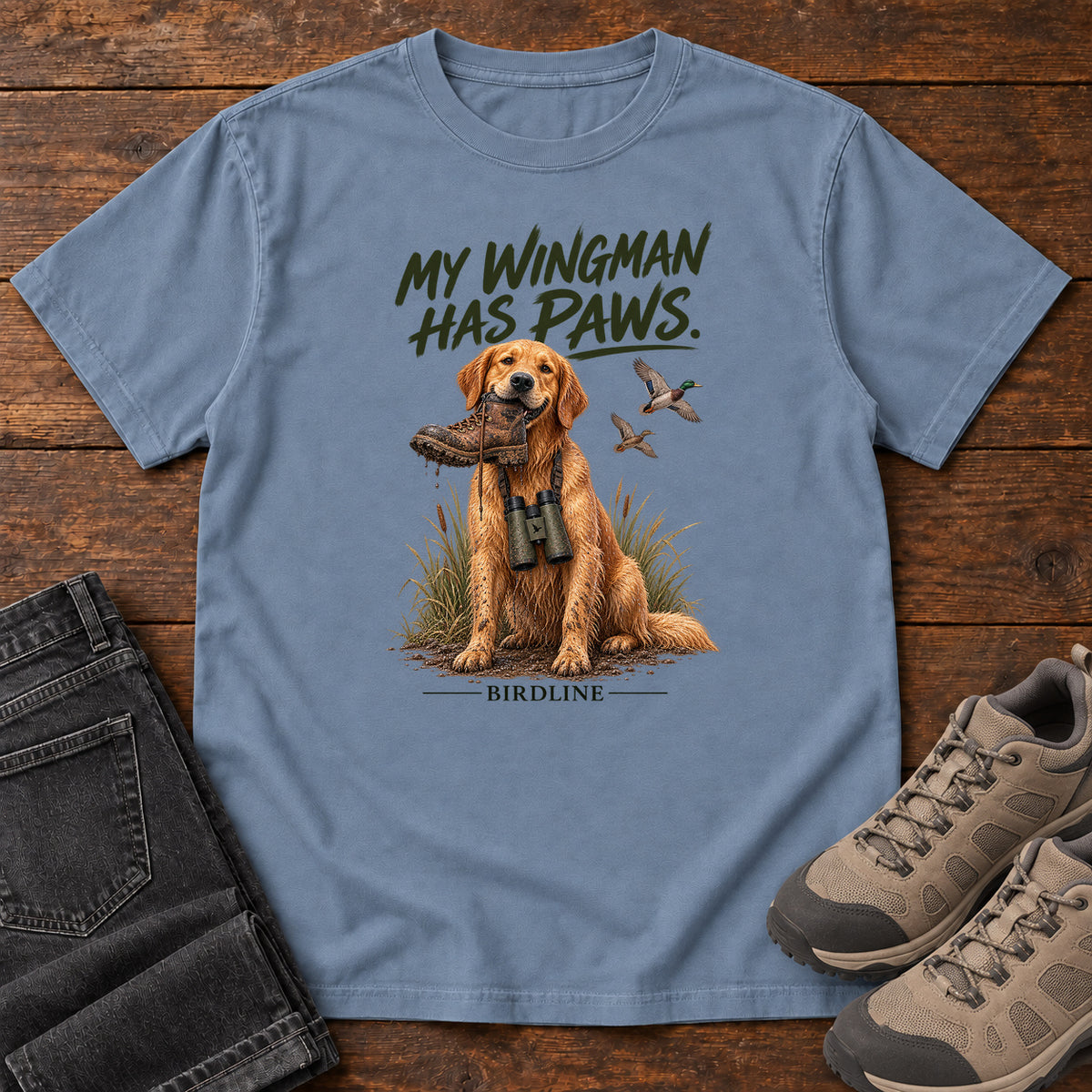My Wingman Has Paws Dog T-Shirt in Blue Jean