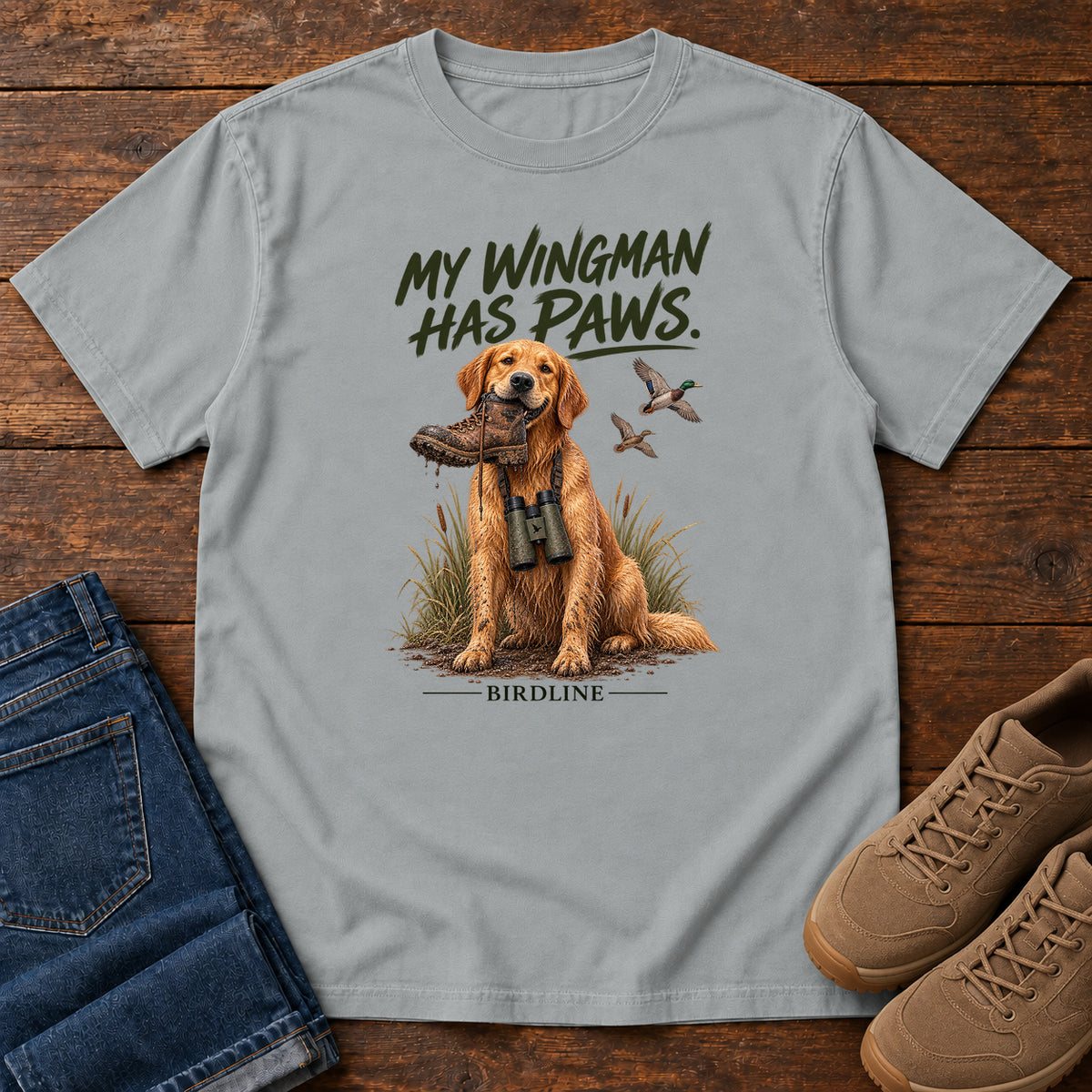 My Wingman Has Paws Dog T-Shirt in Granite