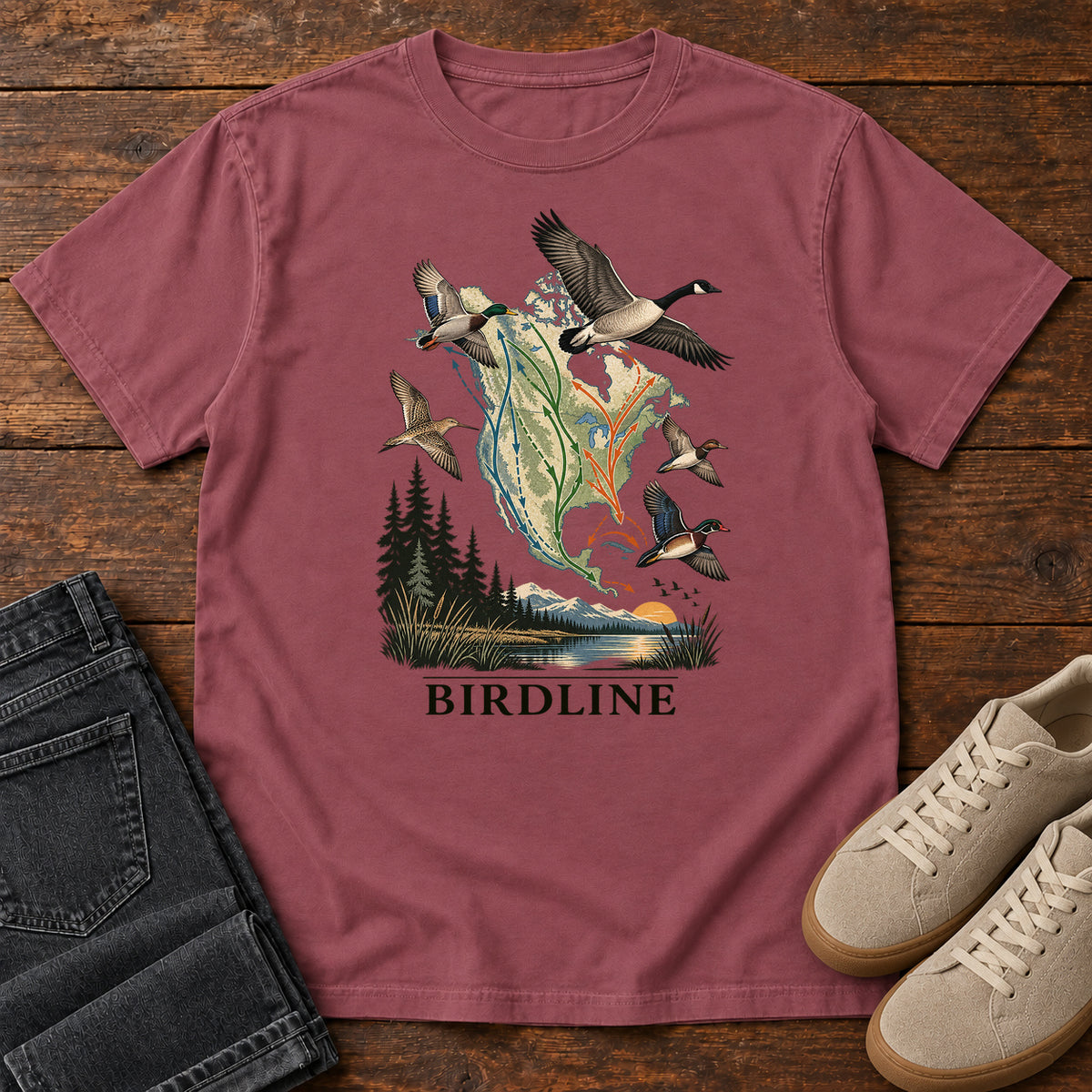 Bird Migration Map T-Shirt in Brick